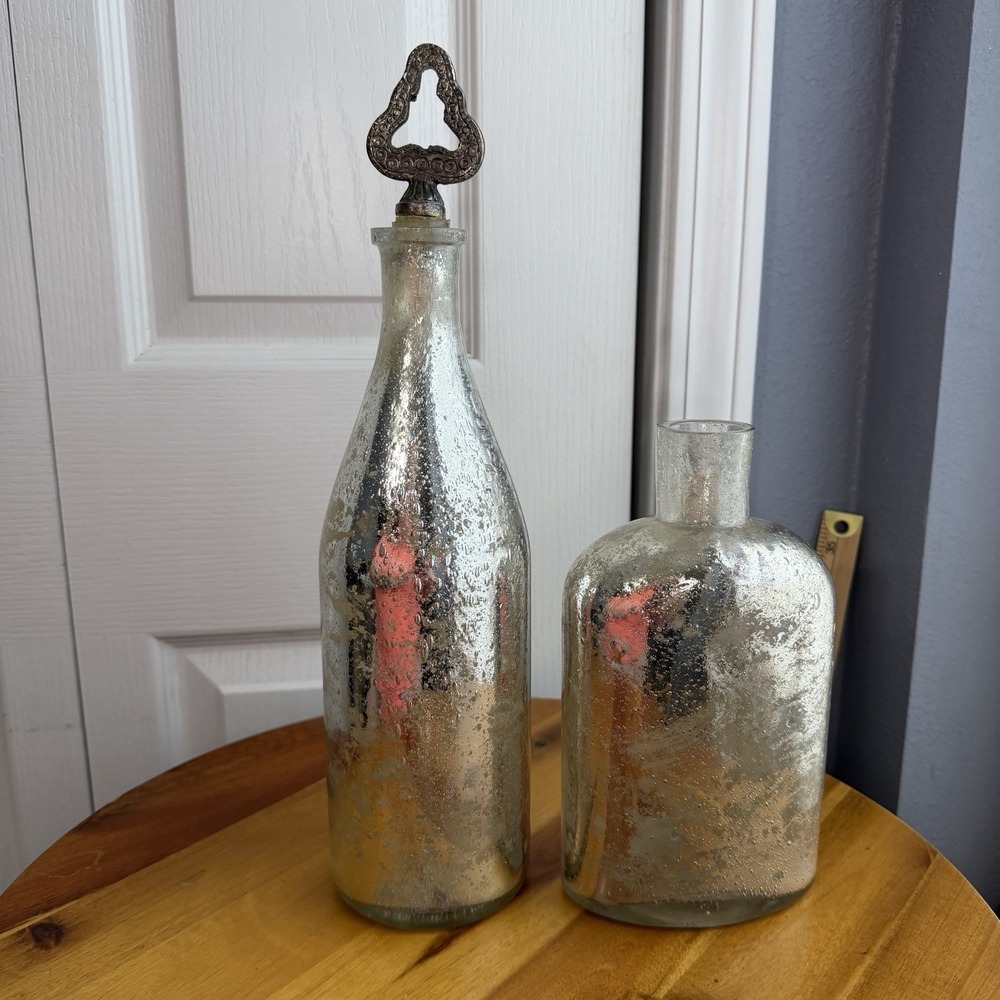 Pottery Barn Lot Of 2 Silver Mercury Glass Vase Bottles‎ Decor Boho Office - Picture 4 of 11